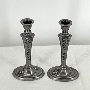 Vintage Pewter 1997 Carson Candle Holders Pair Vineyard Design‎